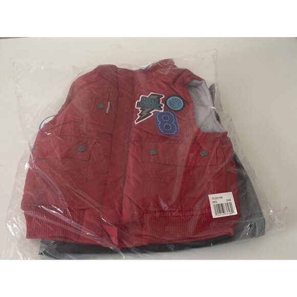 Boys Red Puffer Vest Lightning Patches Black Pant Gray Shirt  Print 3-Piece New - Picture 2 of 16